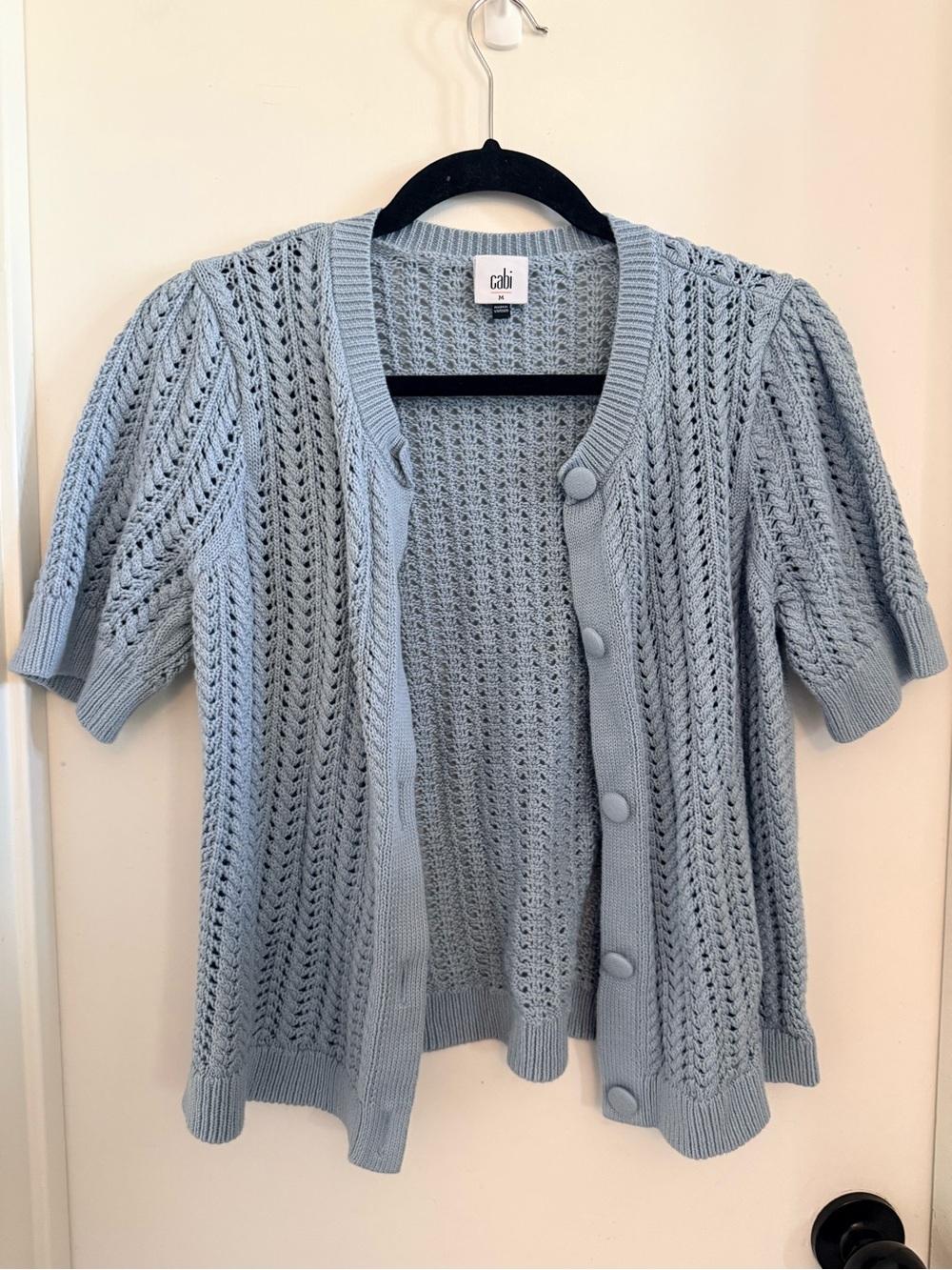 CAbi Pale Blue Short-Sleeve Openwork Knit Cardigan